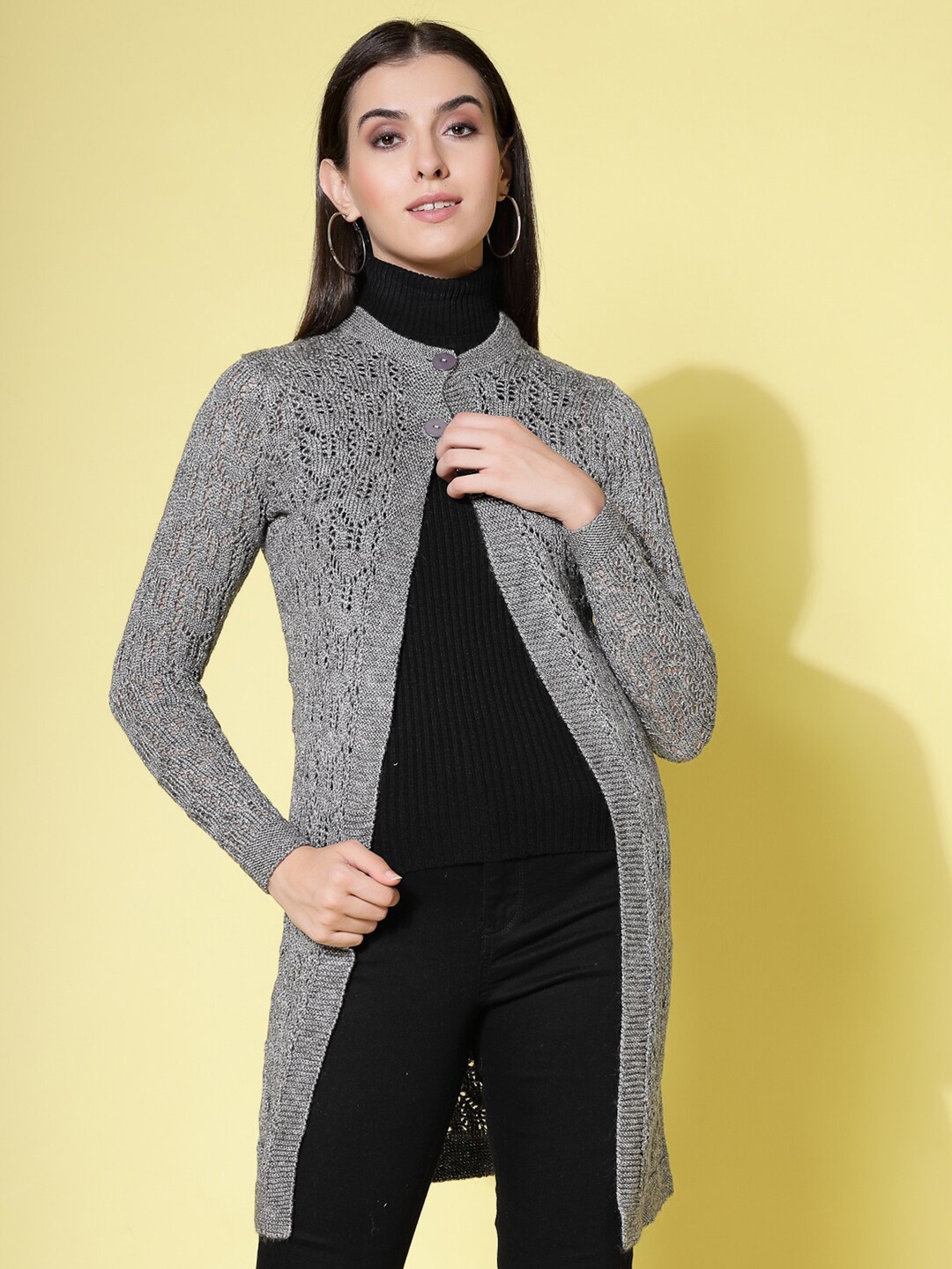 

Wool Trees Self Design Longline Button Shrug, Grey