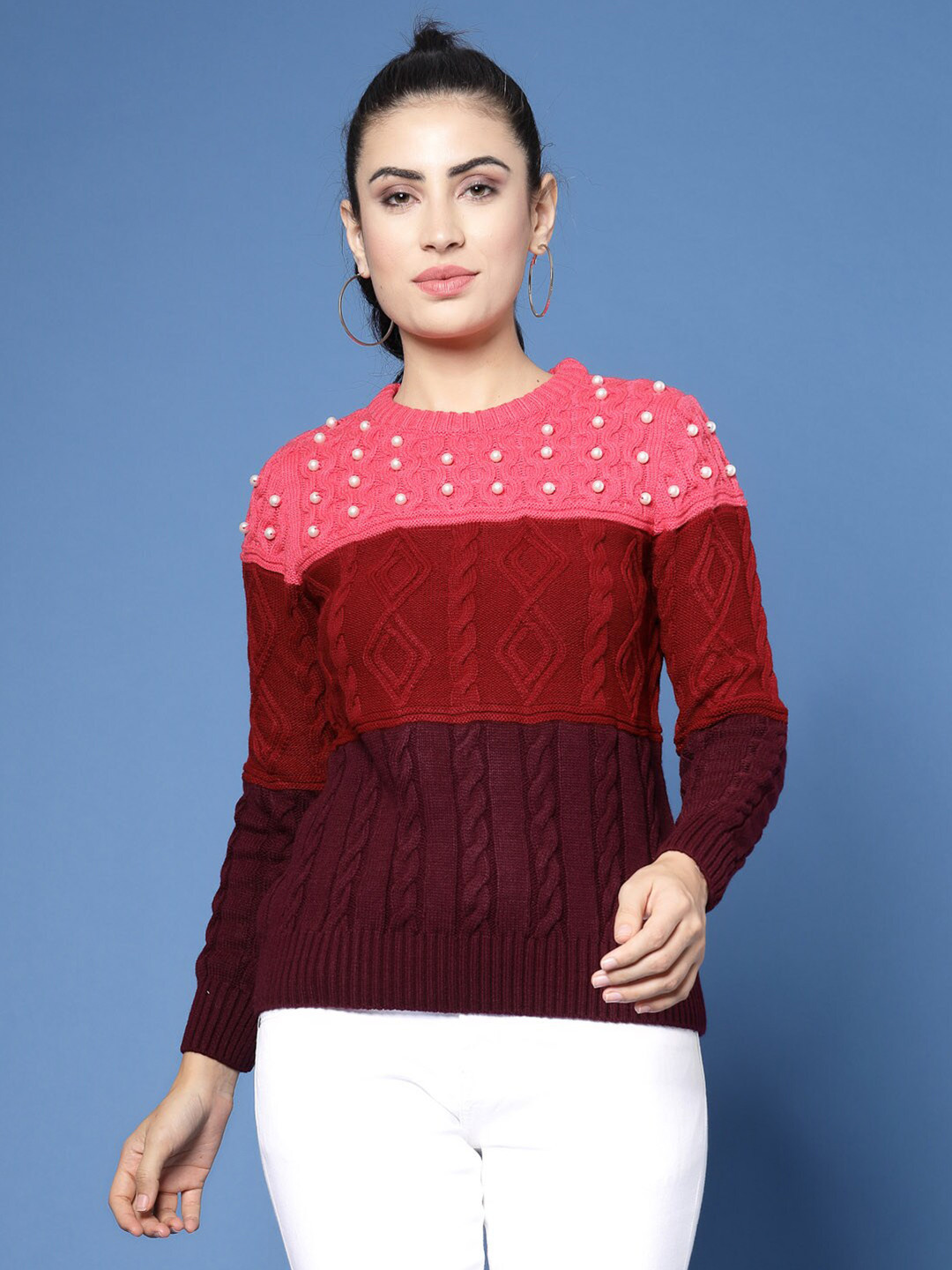 

Wool Trees Cable Knit Self Design Acrylic Pullover Sweater, Maroon