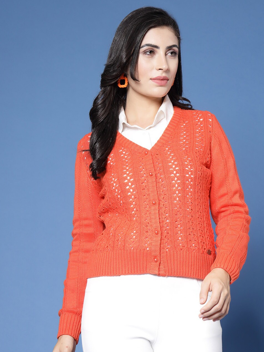

Wool Trees Open Knit Self Design V-Neck Acrylic Cardigan Sweater, Orange