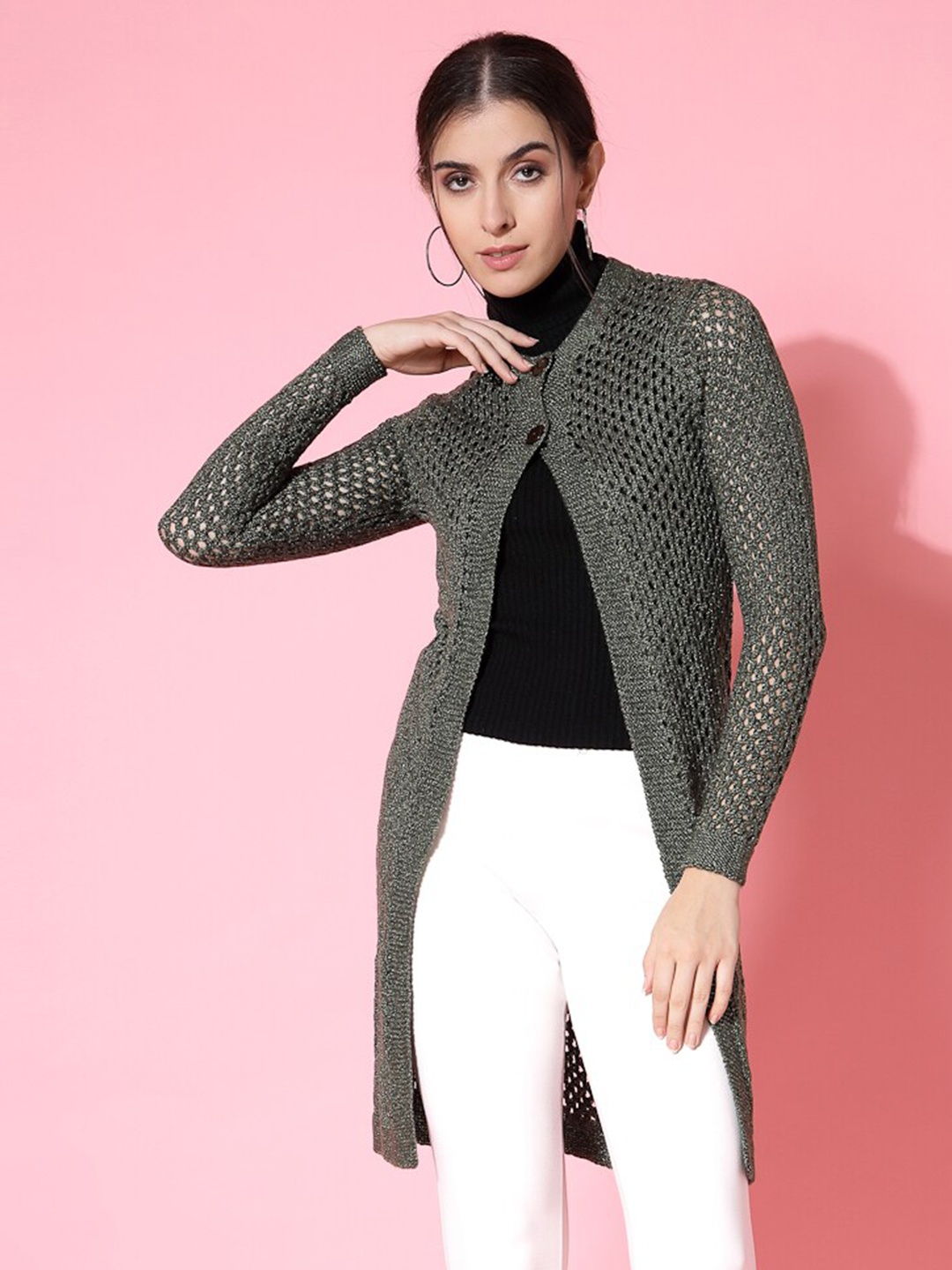

Wool Trees Self Design Acrylic Longline Shrug, Olive