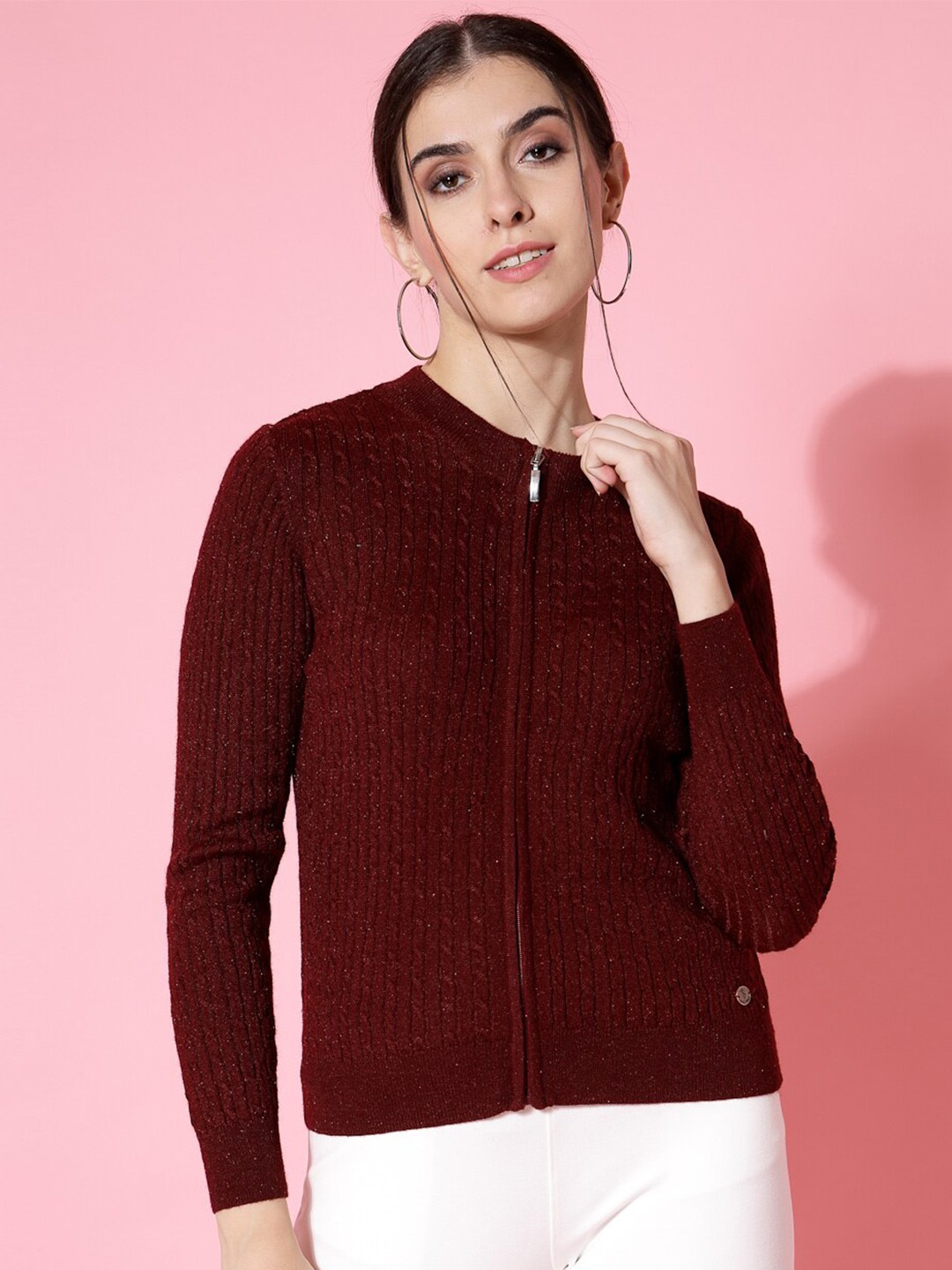 

Wool Trees Ribbed Zipper Acrylic Cardigan Sweater, Maroon