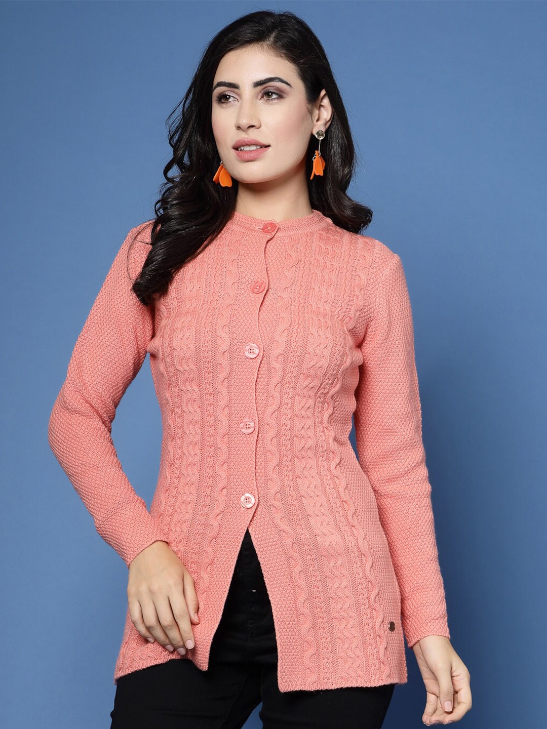 

Wool Trees Cable Knit Self Design Acrylic Cardigan Sweater, Peach