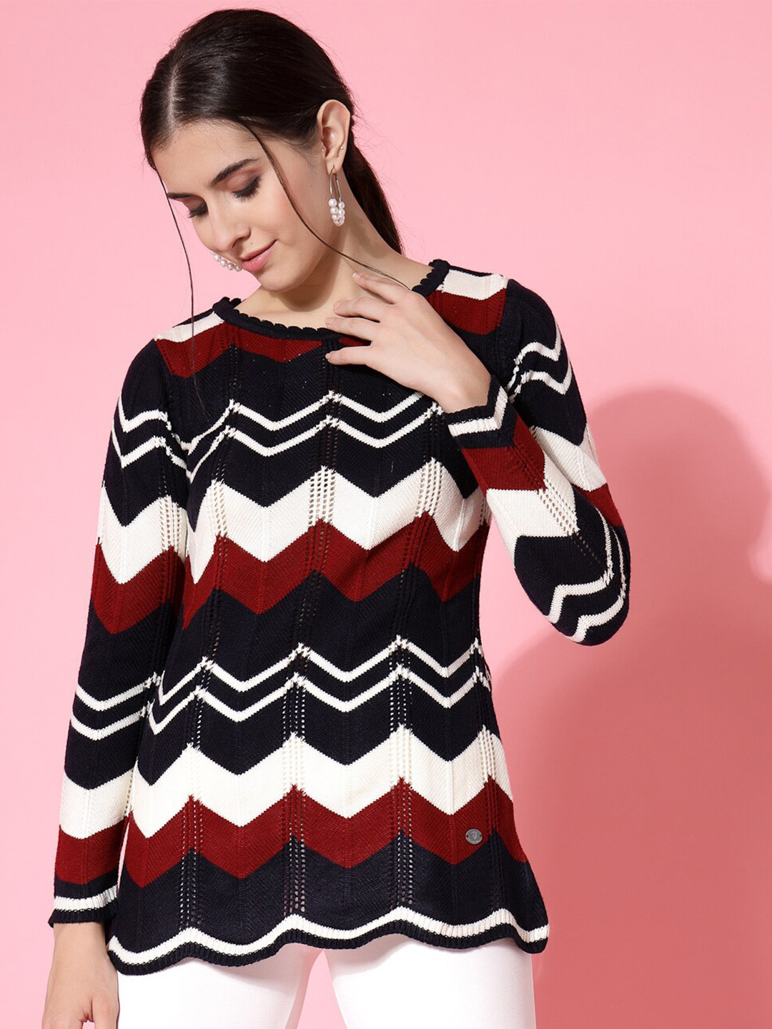 

Wool Trees Chevron Self Design Acrylic Pullover Sweater, Navy blue