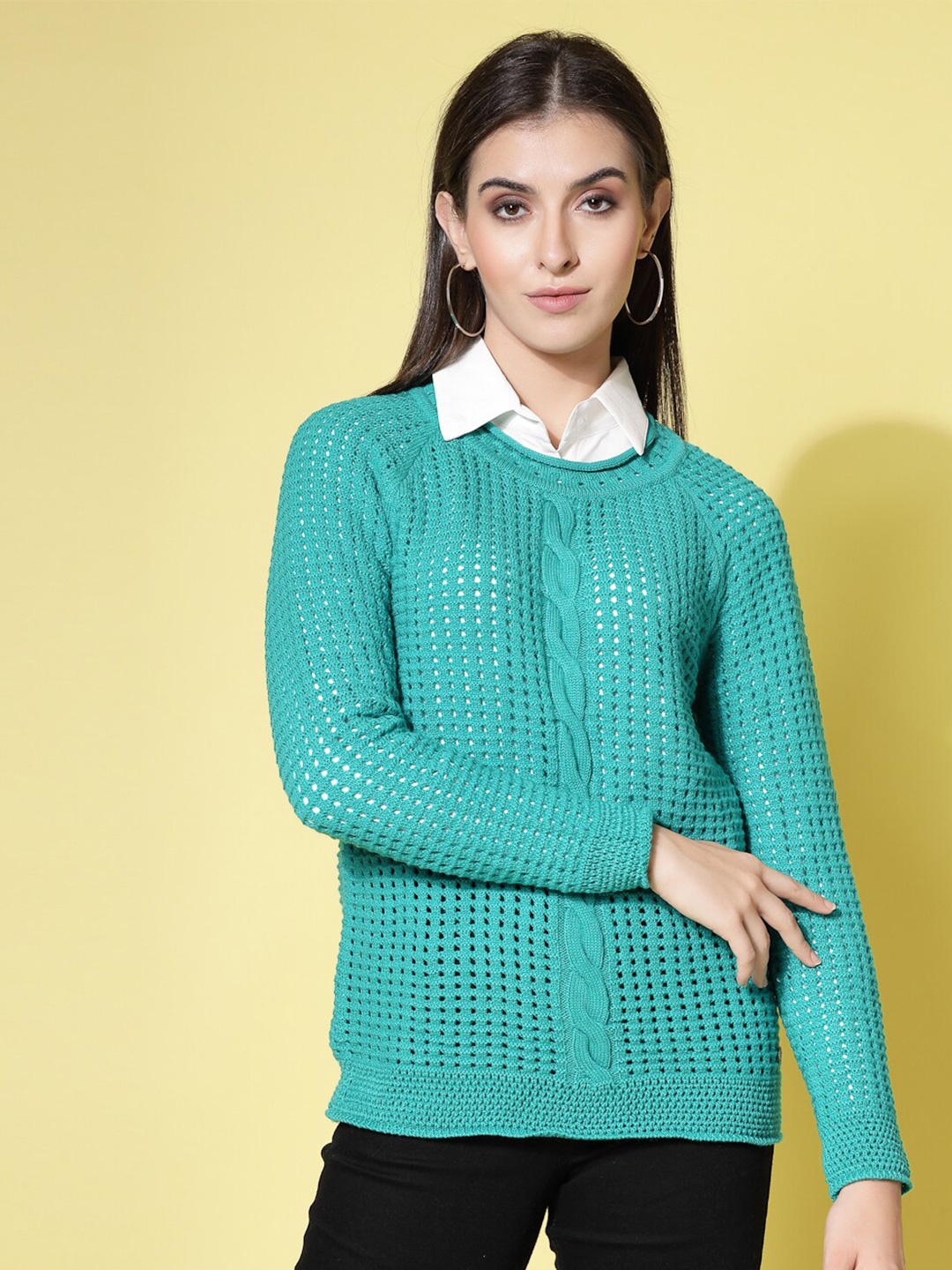 

Wool Trees Self Design Acrylic Pullover, Green