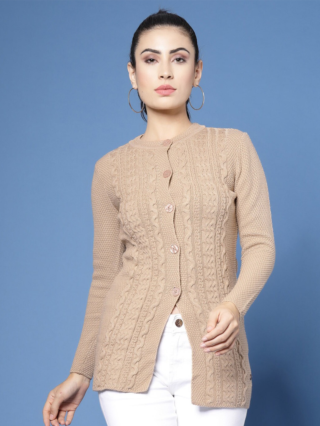 

Wool Trees Cable Knit Self Design Longline Acrylic Cardigan Sweater, Camel brown