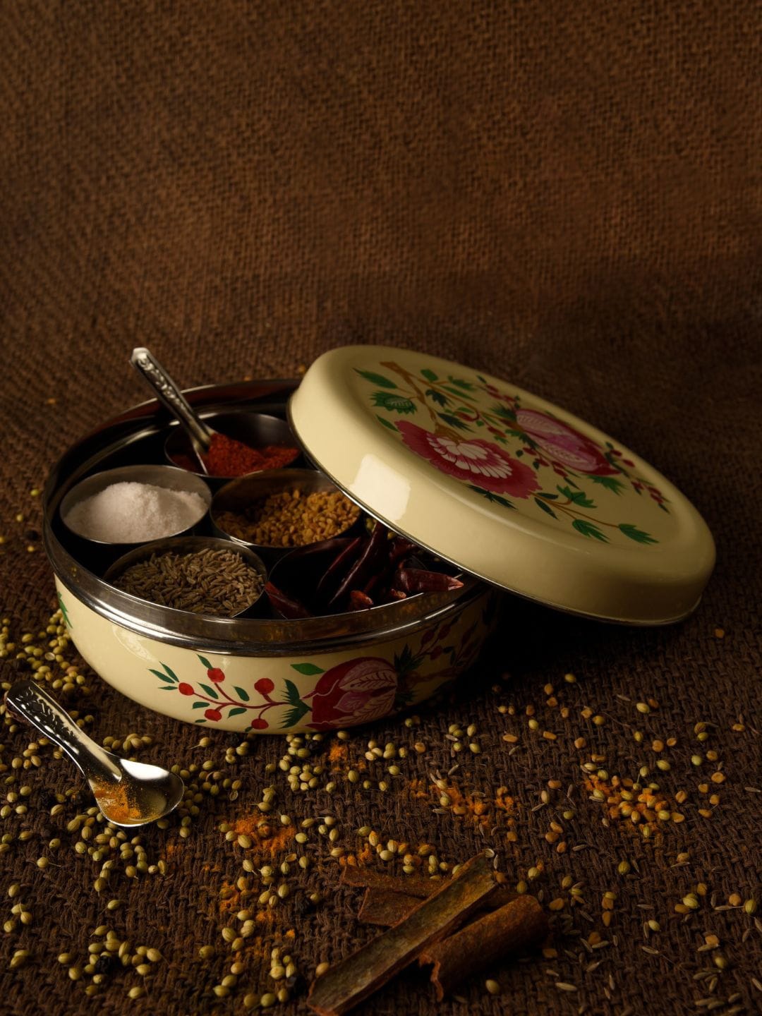 

Indikluster Beige Printed Stainless Steel Spice Box with Spoons