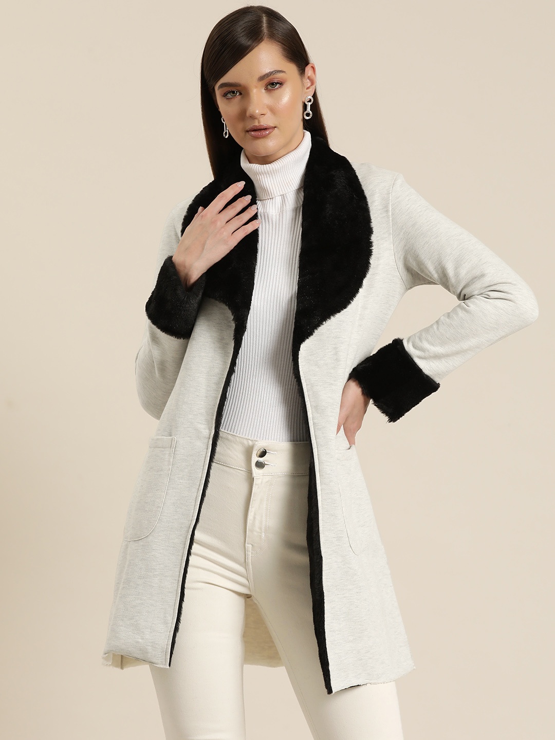 

Qurvii Women Wool Open Front Longline Overcoat, Off white