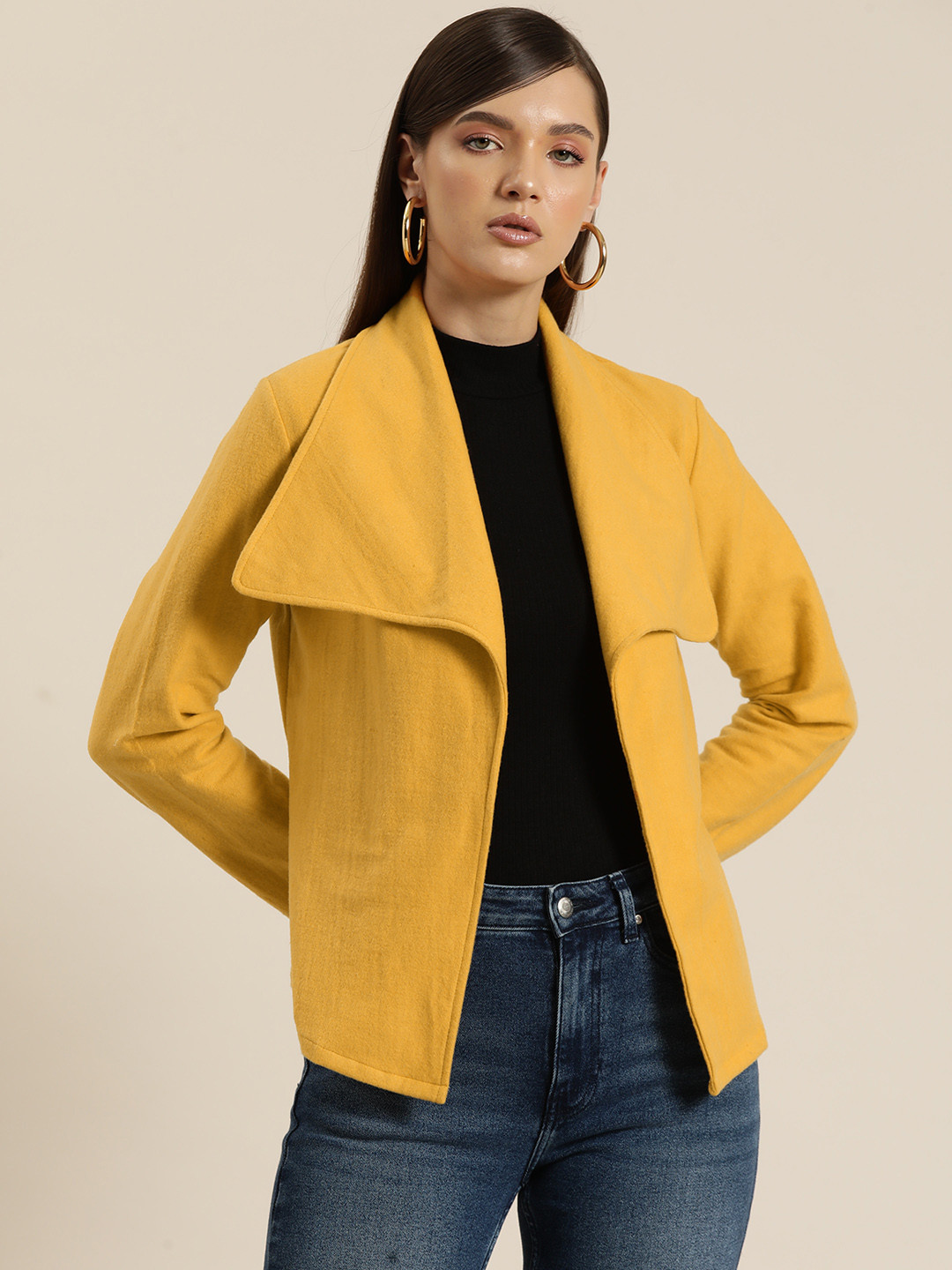 

Qurvii Women Solid Fleece Open Front Overcoat, Yellow