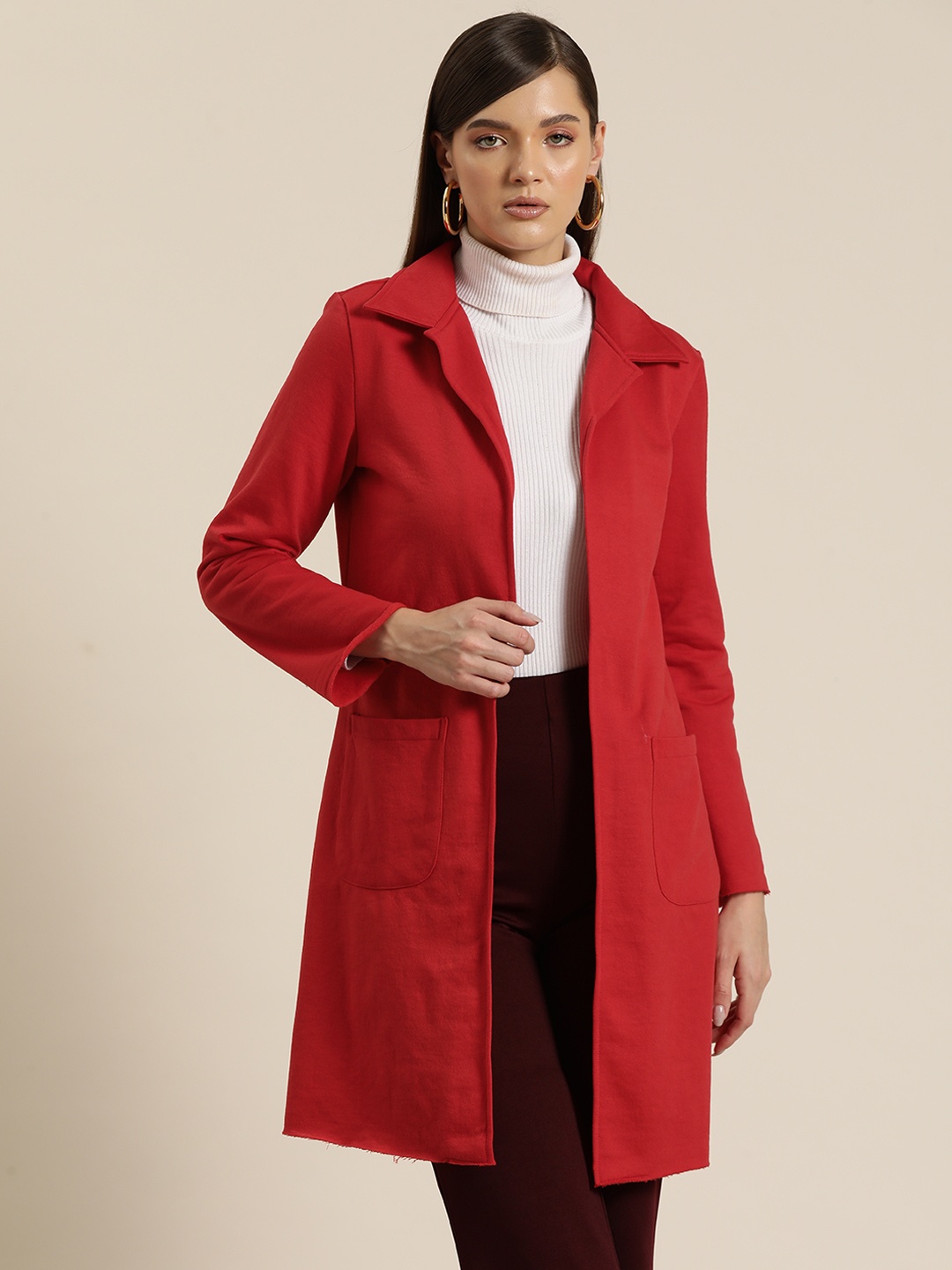 

Qurvii Women Solid Fleece Overcoat, Red