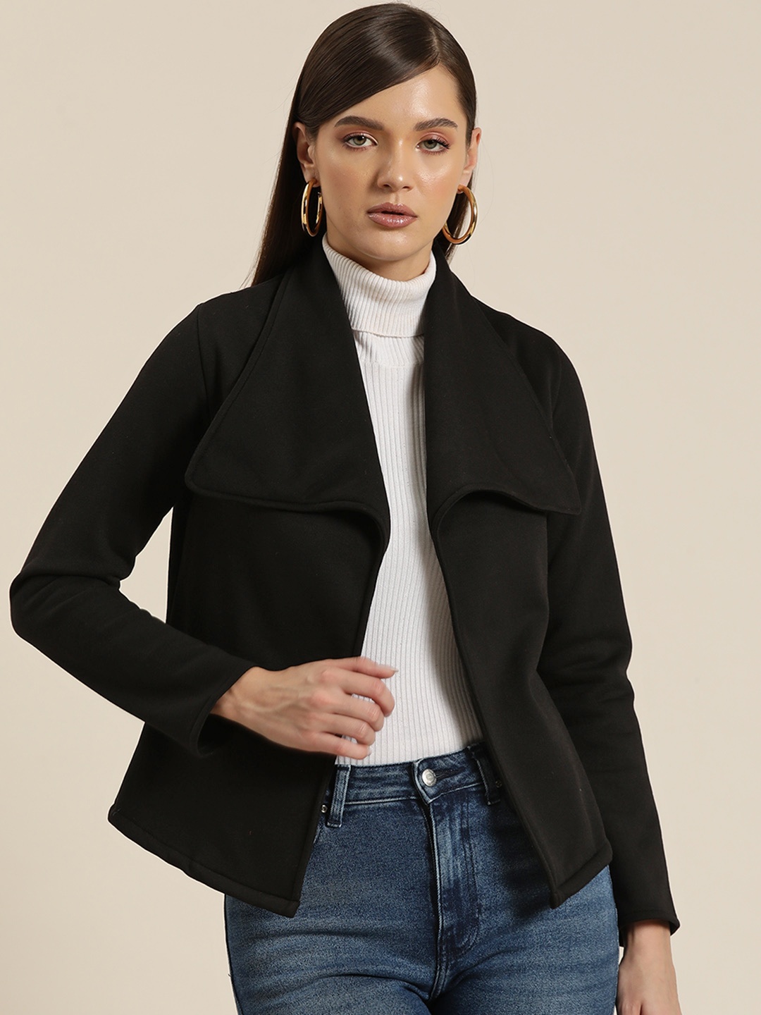 

Qurvii Women Solid Bagatelle Drape Open Front Coat, Black