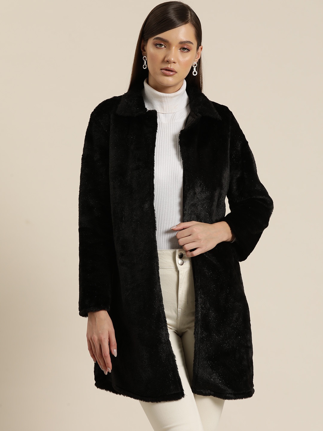 

Qurvii Women Solid Fur Woollen Overcoat, Black