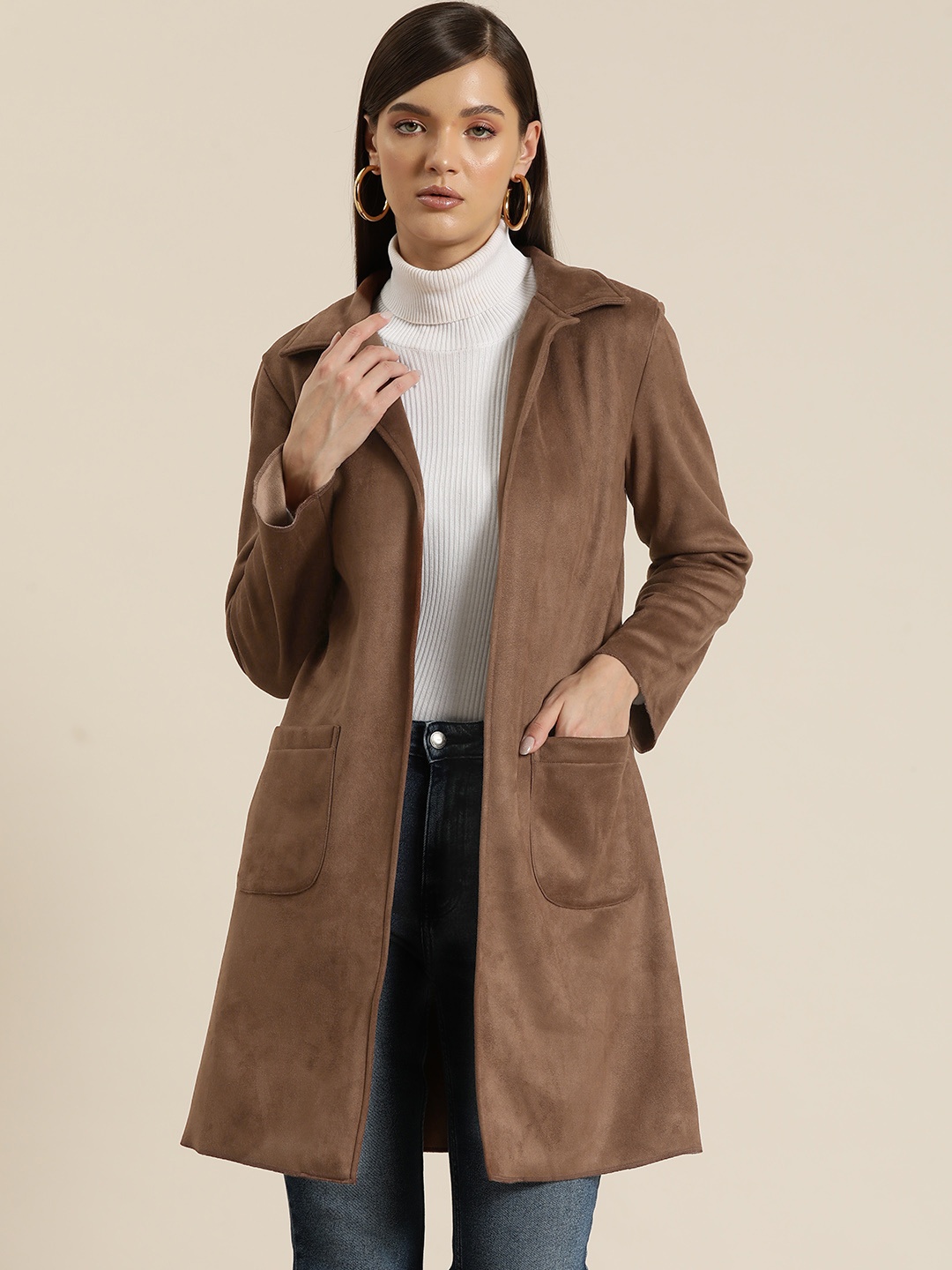 

Qurvii Suede Open Front Longline Overcoat, Brown