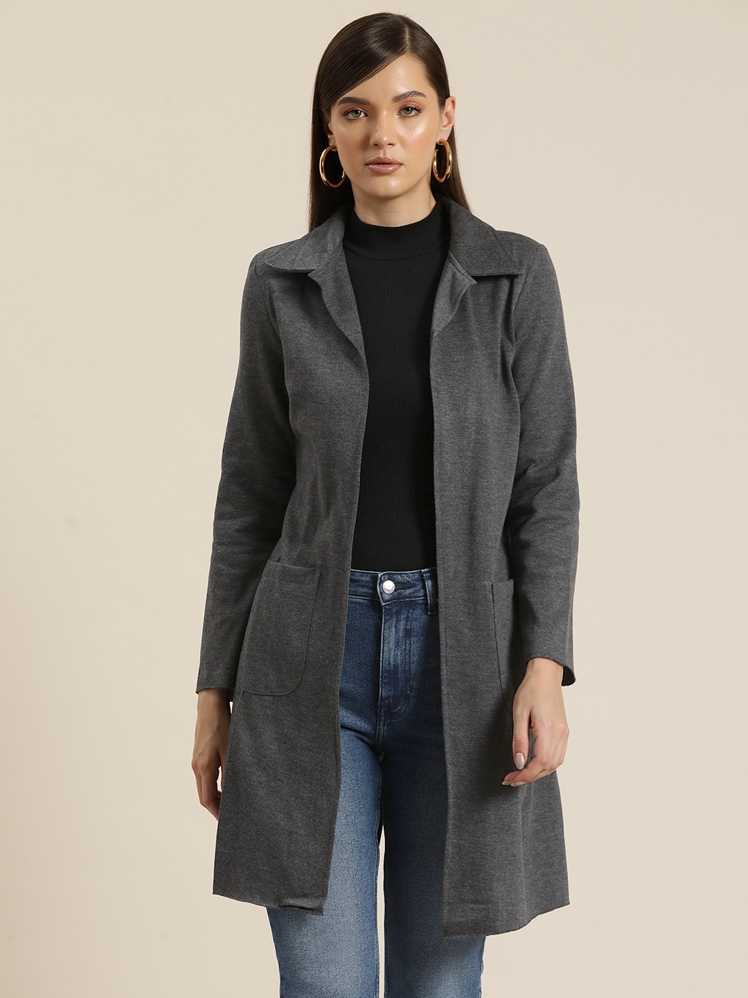 

Qurvii Fleece Open Front Longline Overcoat, Grey
