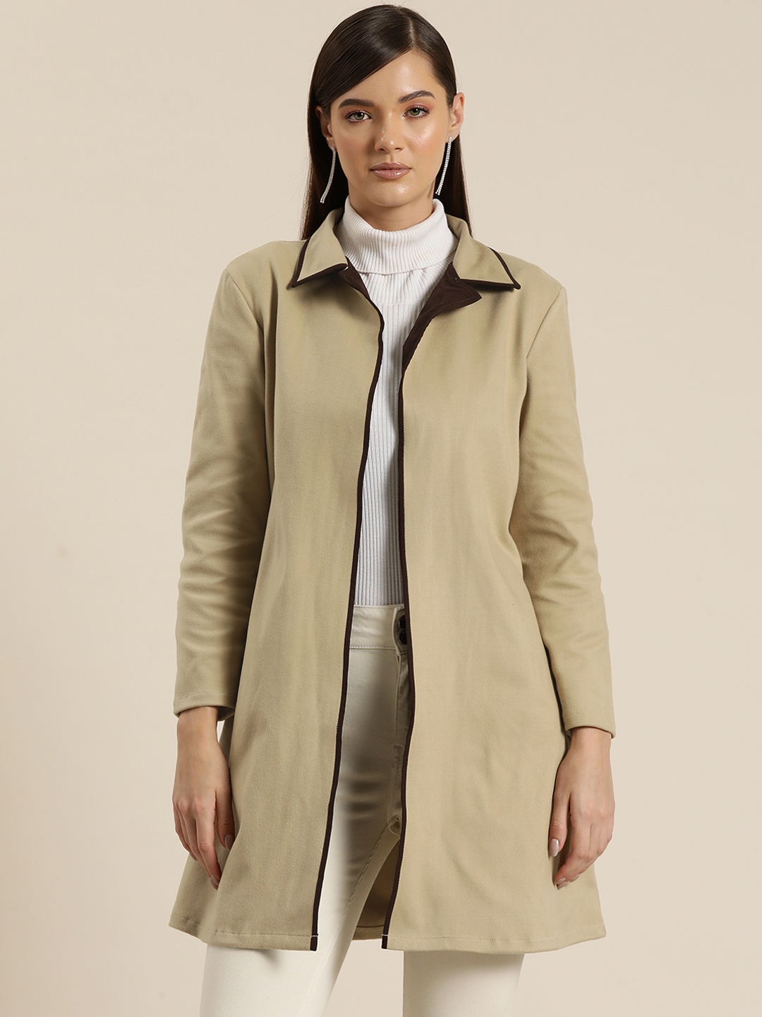 

Qurvii Suede Open Front Longline Overcoat, Beige