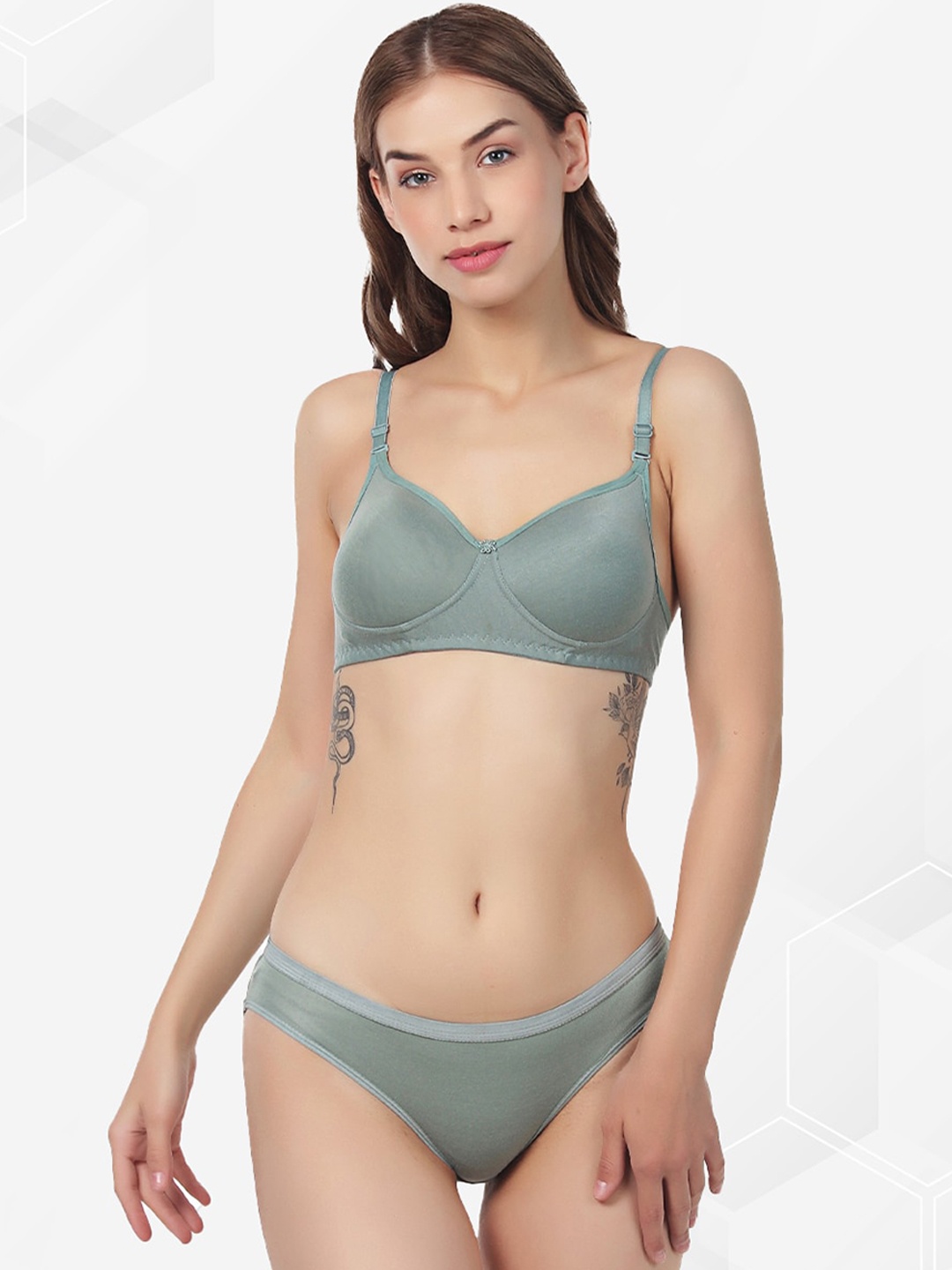 

ACCEZORY Mid-Rise Lightly-Padded Cotton Lingerie Set, Olive