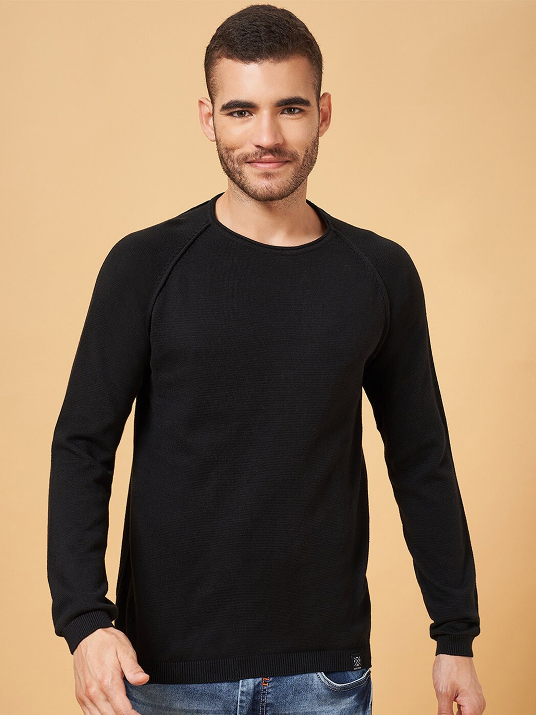 

People Round Neck Cotton Pullover, Black
