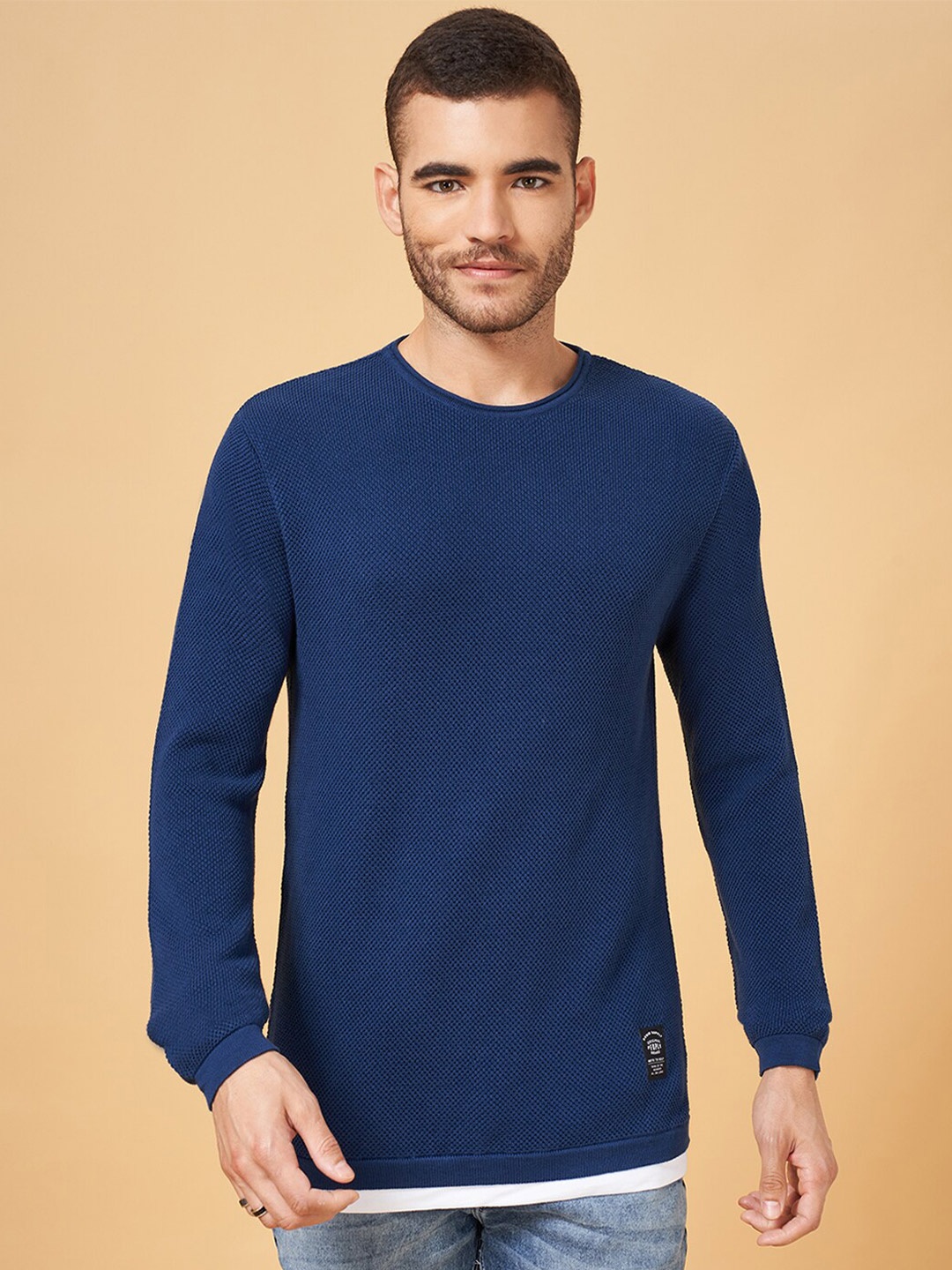 

People Round Neck Cotton Pullover, Navy blue