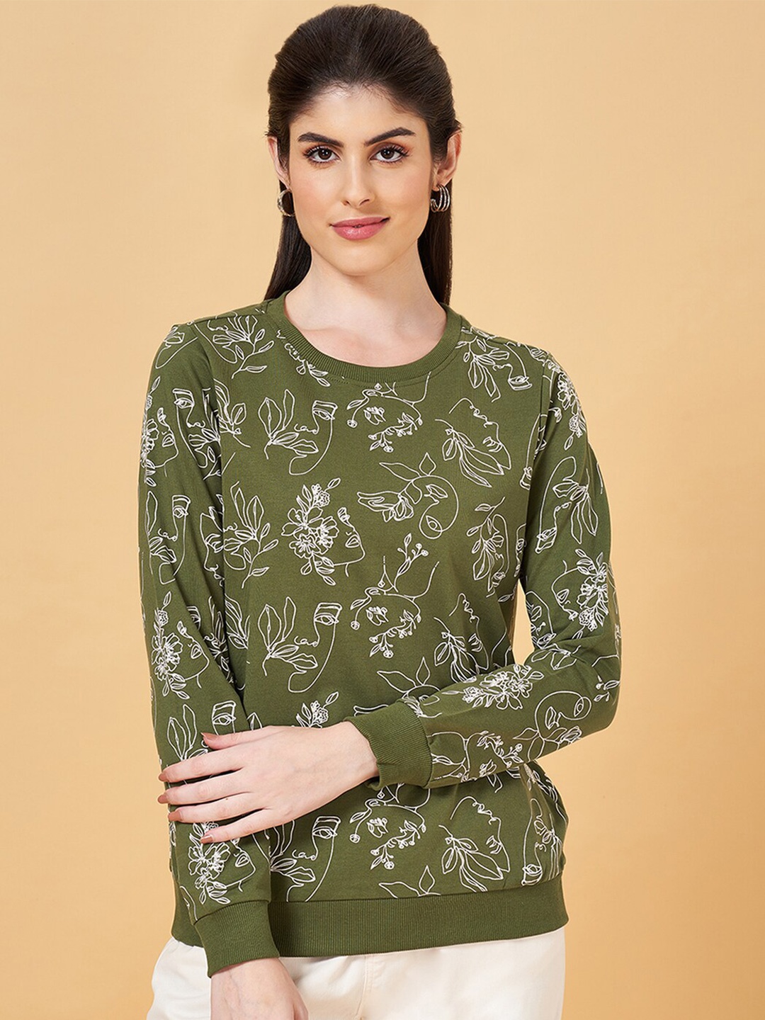 

Honey by Pantaloons Floral Printed Round Neck Cotton Sweatshirt, Olive