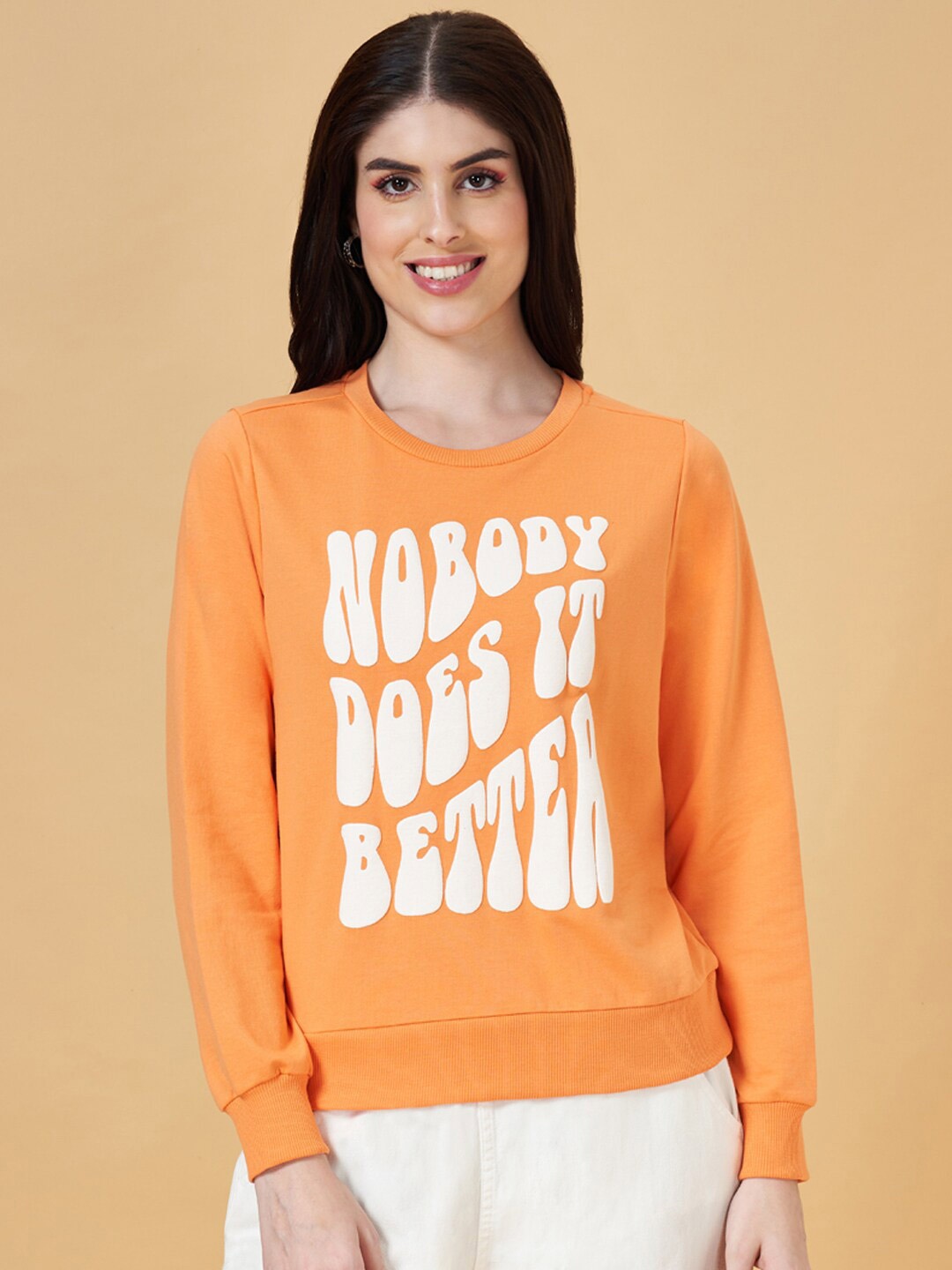 

People Typography Printed Long Sleeves Pullover, Orange