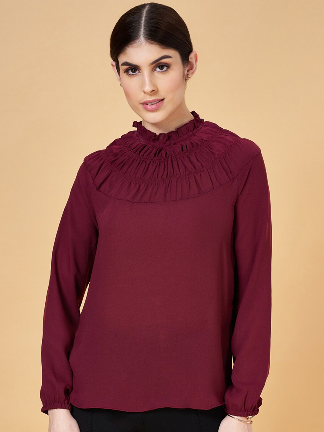 

Annabelle by Pantaloons Gathered High Neck Puff Sleeves Top, Maroon