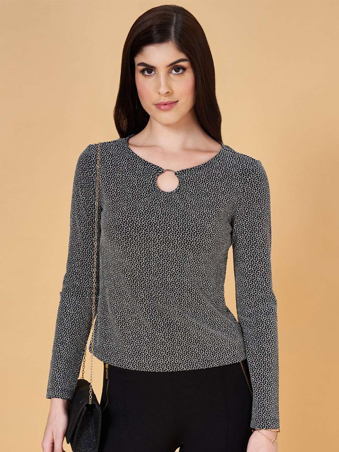 

Annabelle by Pantaloons Printed Keyhole Neck Top, Silver