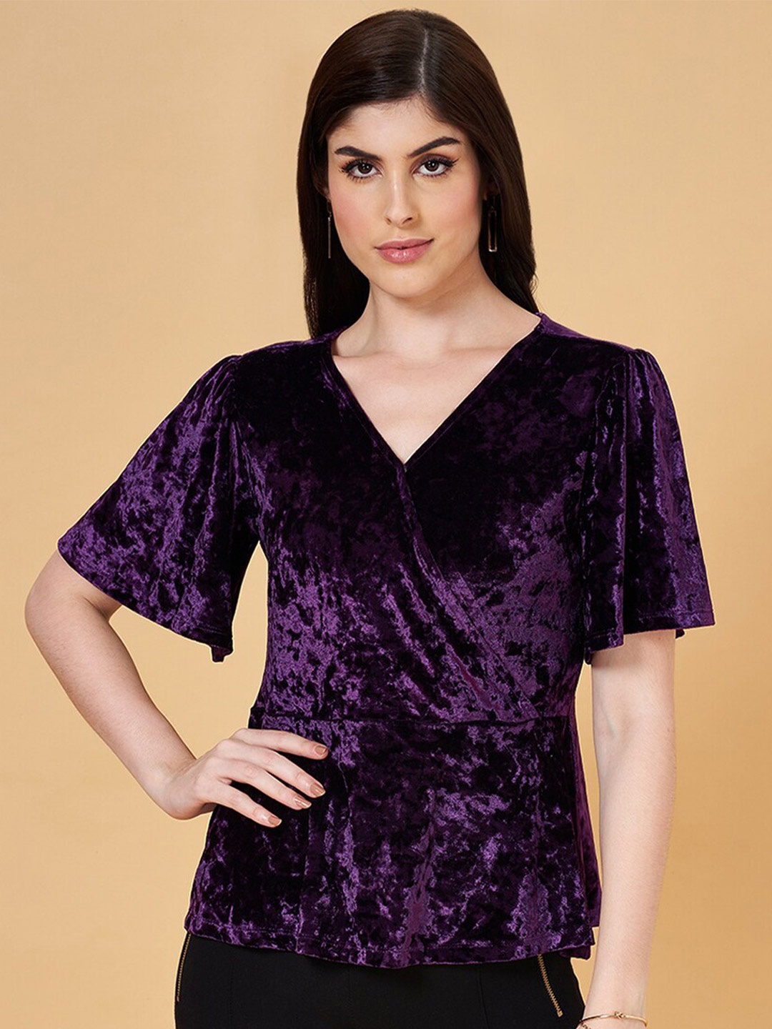 

Annabelle by Pantaloons V-Neck Flared Sleeves Velvet Wrap Top, Purple