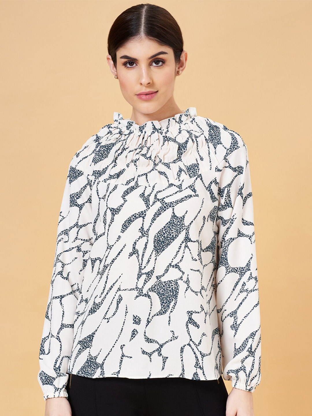 

Annabelle by Pantaloons Printed Cuffed Sleeves High Neck Top, Off white