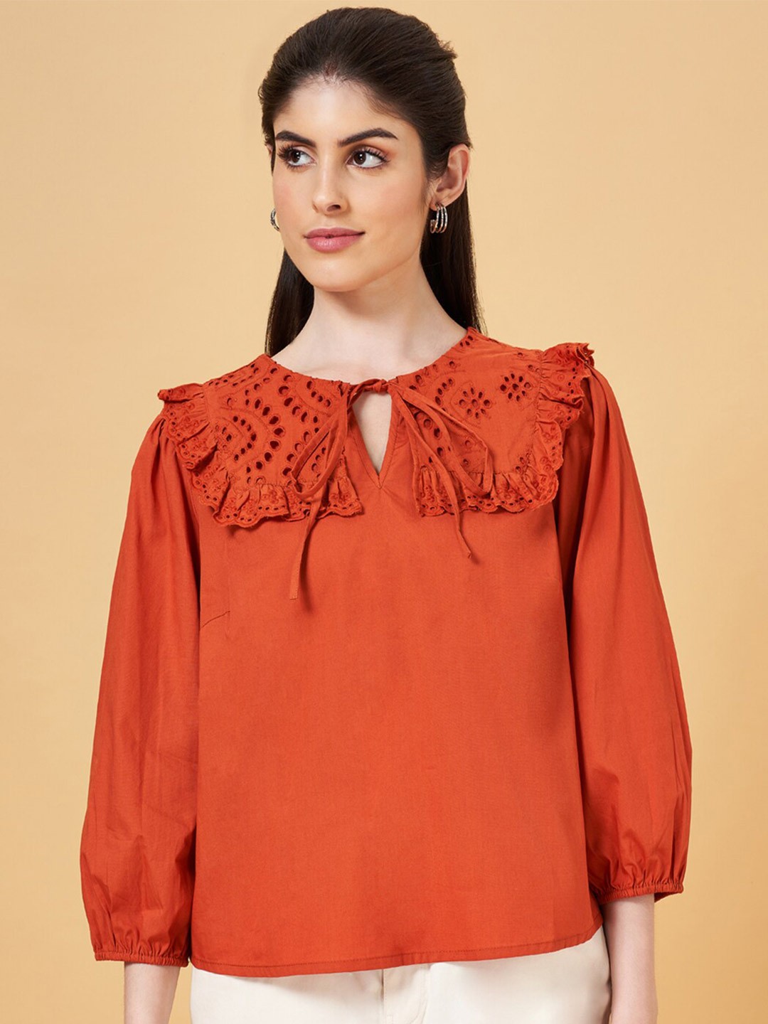 

Honey by Pantaloons Tie-Up Neck Puff Sleeves Cotton Top, Orange