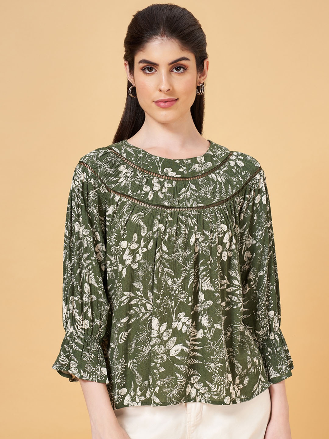 

Honey by Pantaloons Floral Printed Puff Sleeve Top, Green