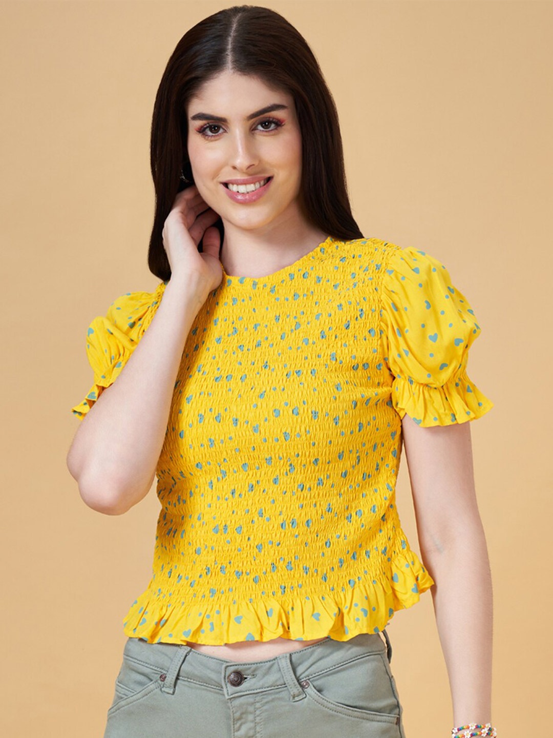 

People Polka Dot Printed Smocked Fitted Top, Yellow