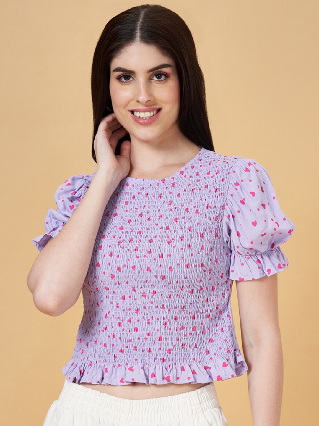 

People Conversational Printed Smocked Fitted Top, Lavender