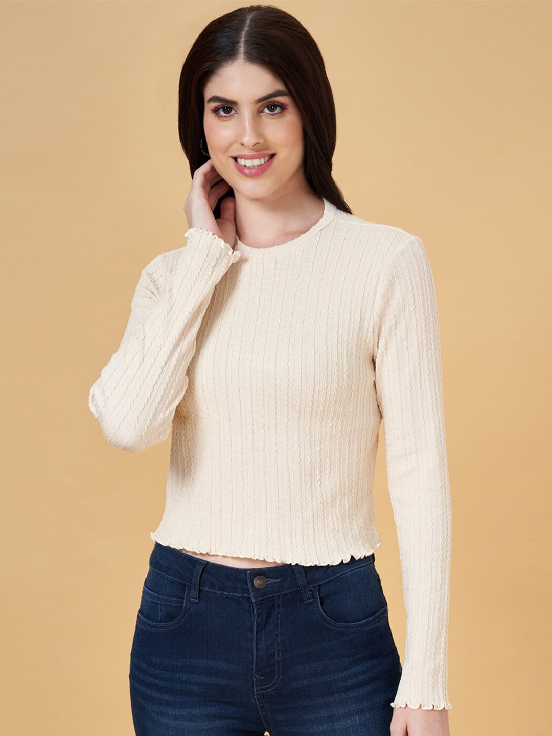 

People Ribbed Round Neck Fitted Top, Off white