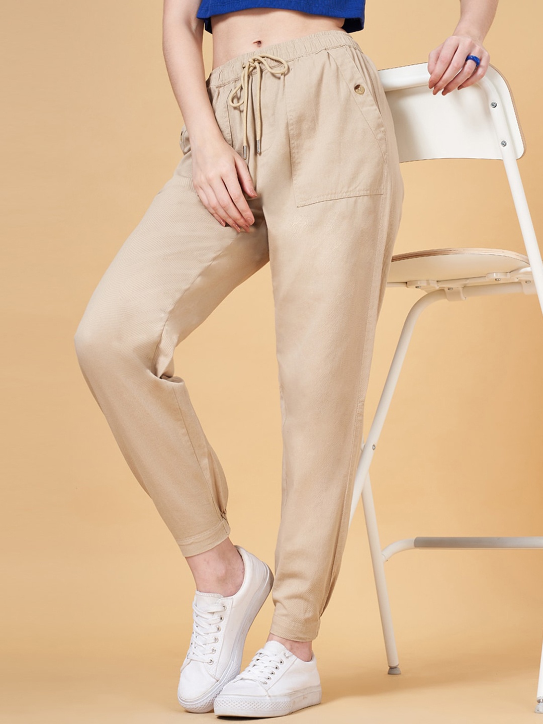 

YU by Pantaloons Women Mid Rise Cotton Trousers, Beige