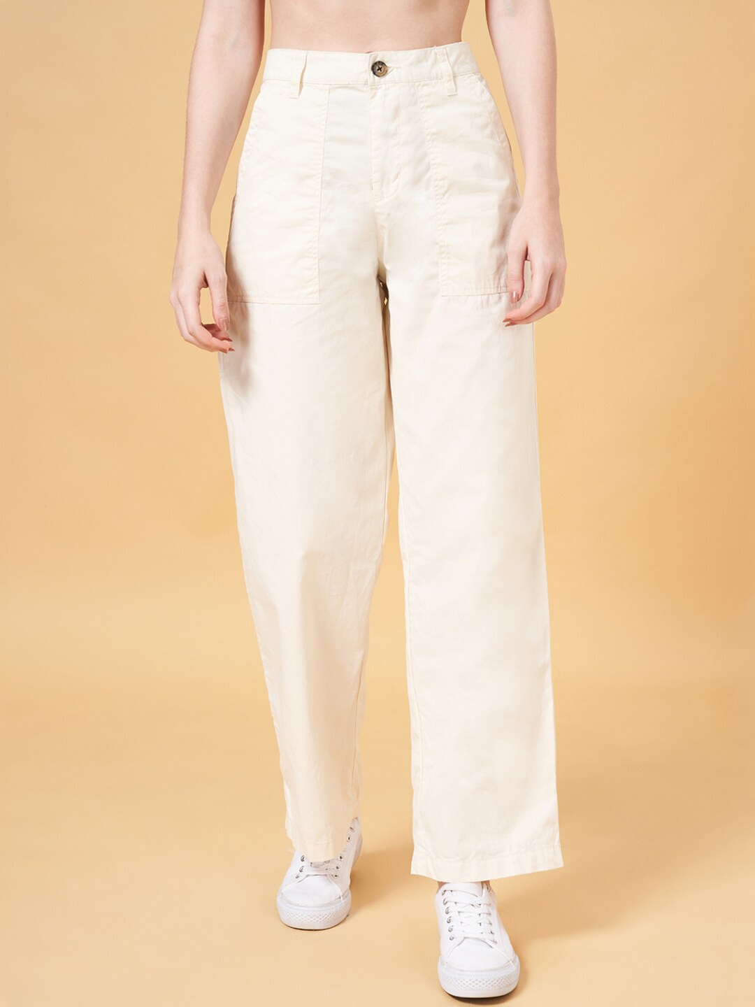 

Honey by Pantaloons Women High-Rise Cotton Parallel Trousers, Off white