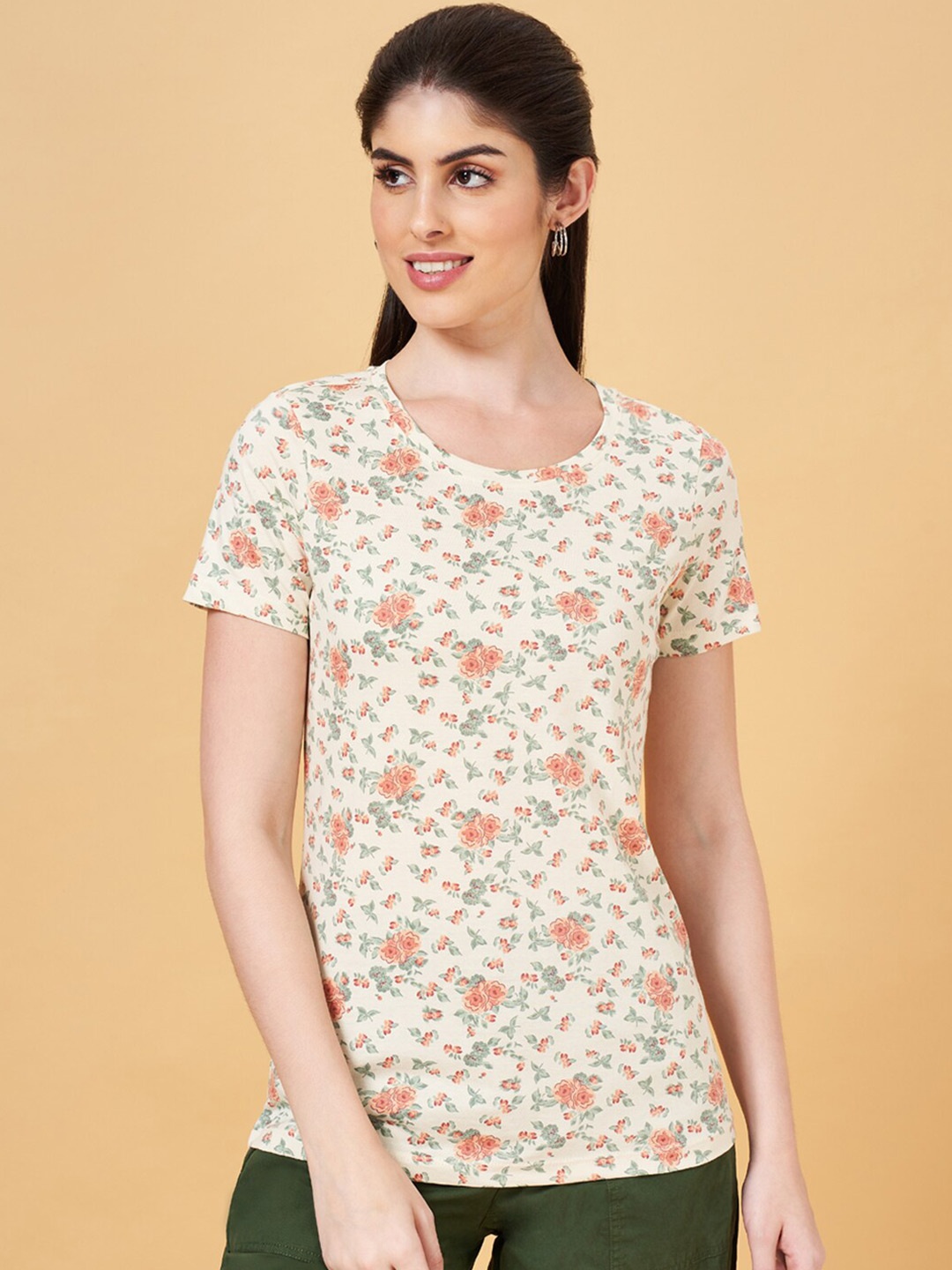 

Honey by Pantaloons Regular Fit Floral Printed Round Neck Cotton T-Shirt, Cream