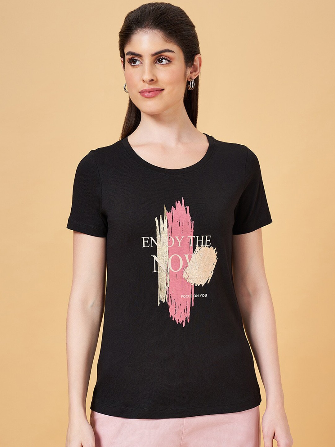 

Honey by Pantaloons Regular Fit Typography Printed Round Neck Cotton T-Shirt, Black