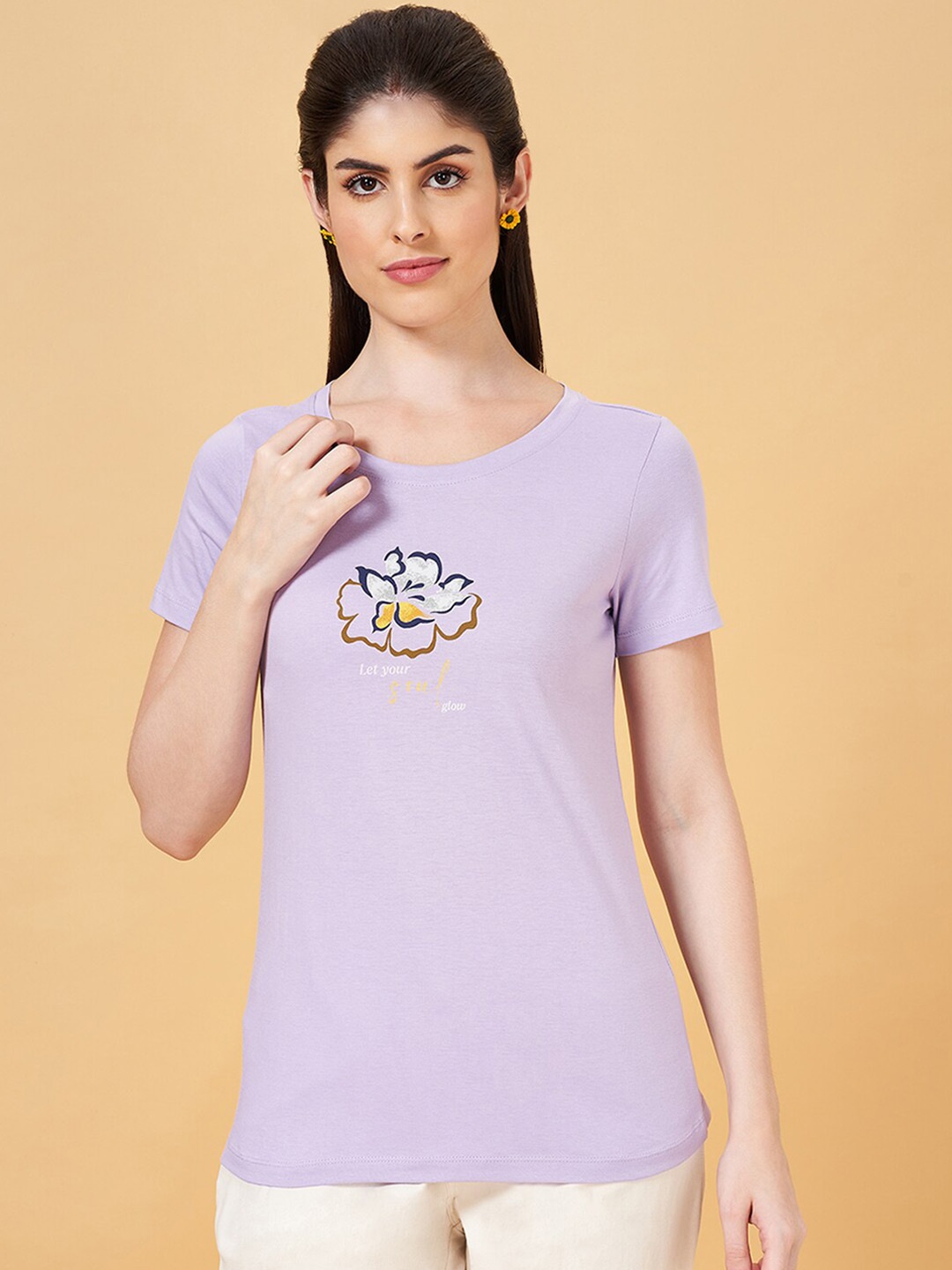

Honey by Pantaloons Regular Fit Floral Printed Round Neck Cotton T-Shirt, Lavender