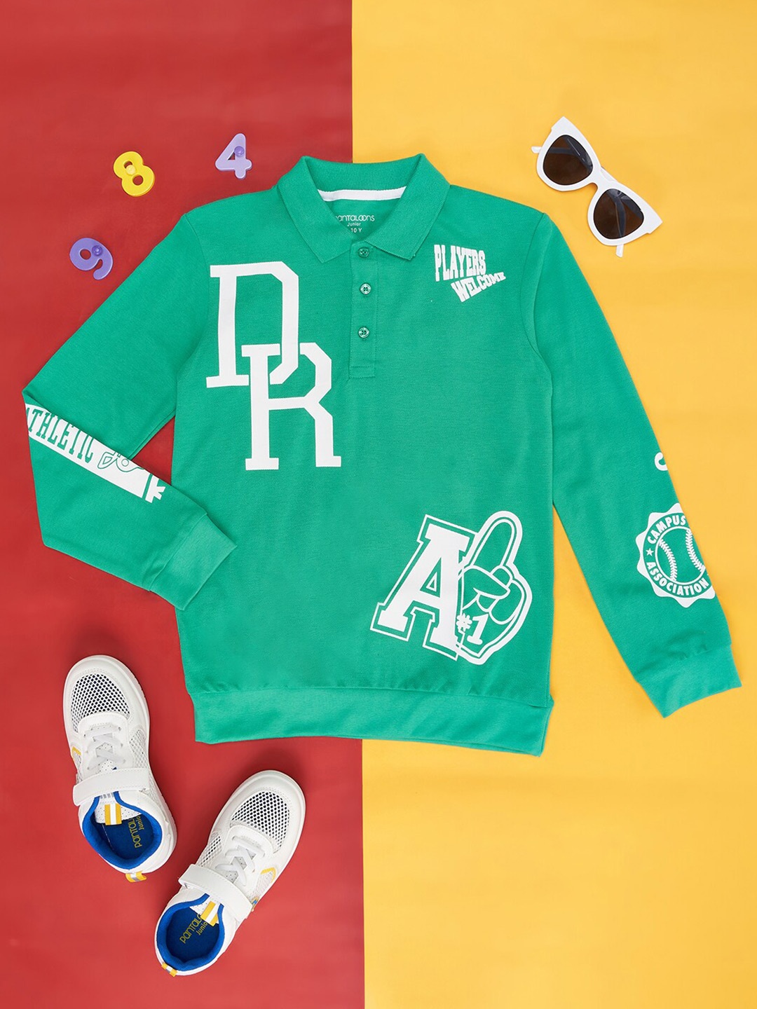 

Pantaloons Junior Boys Typography Printed Polo Collar Cotton T-Shirt, Green