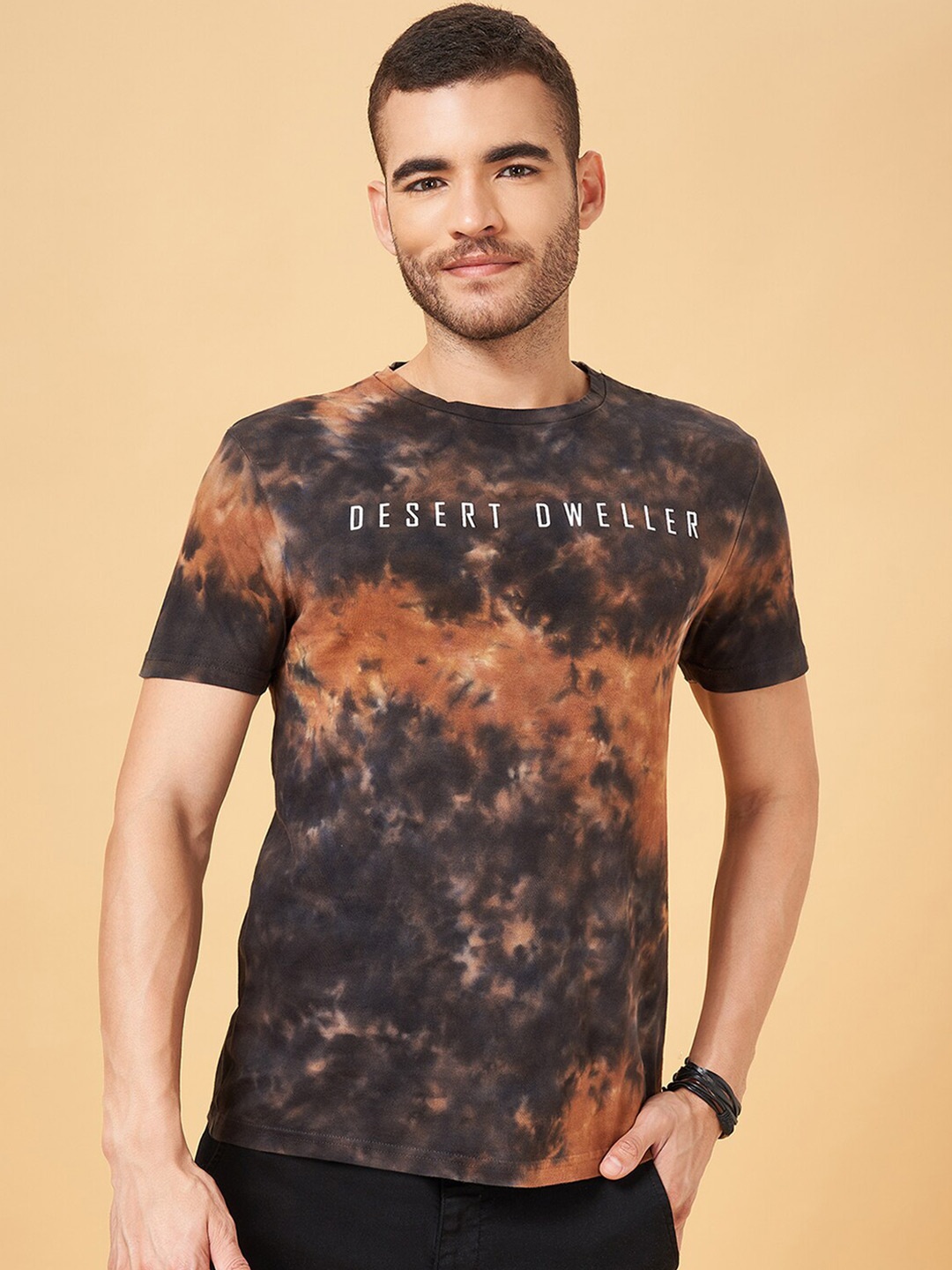 

People Abstract Printed Slim Fit Pure Cotton T-shirt, Rust