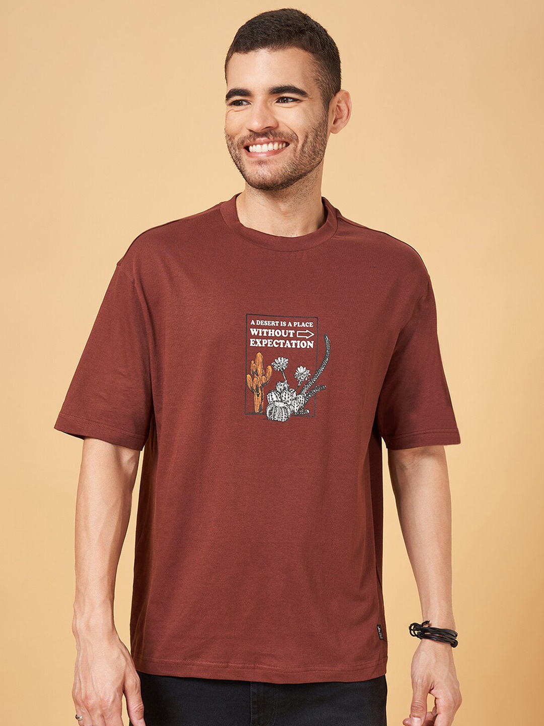 

People Typography Printed Boxy Pure Cotton T-shirt, Brown