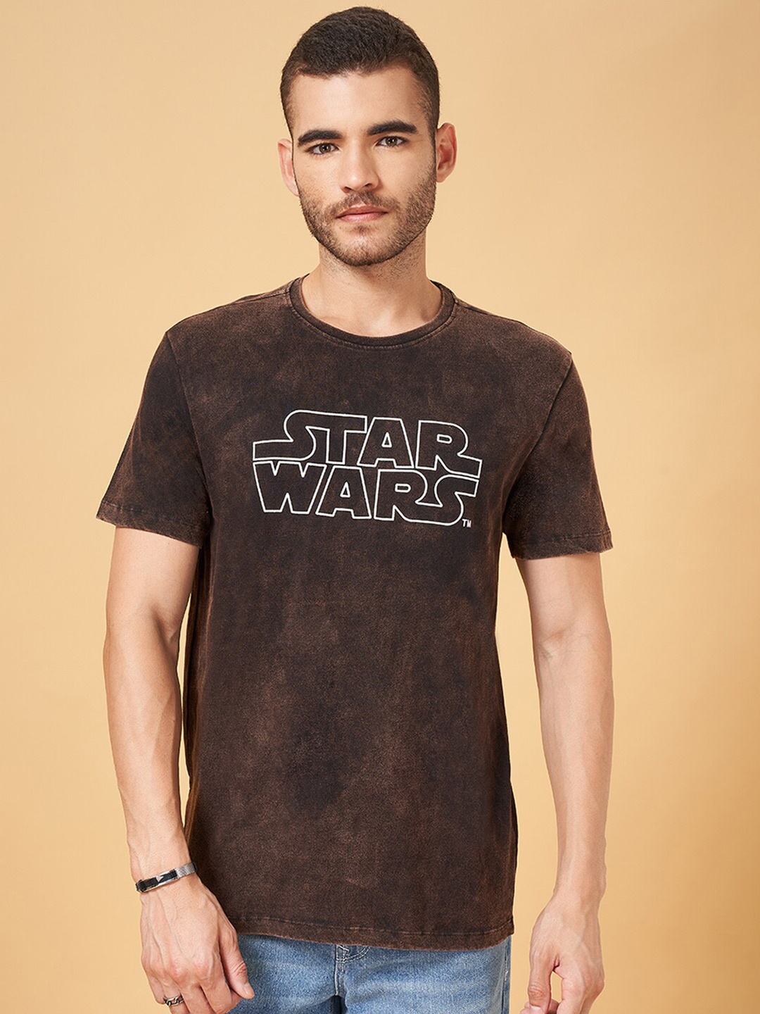 SF JEANS by Pantaloons Typography Printed Cotton Slim Fit T-shirt, Brown