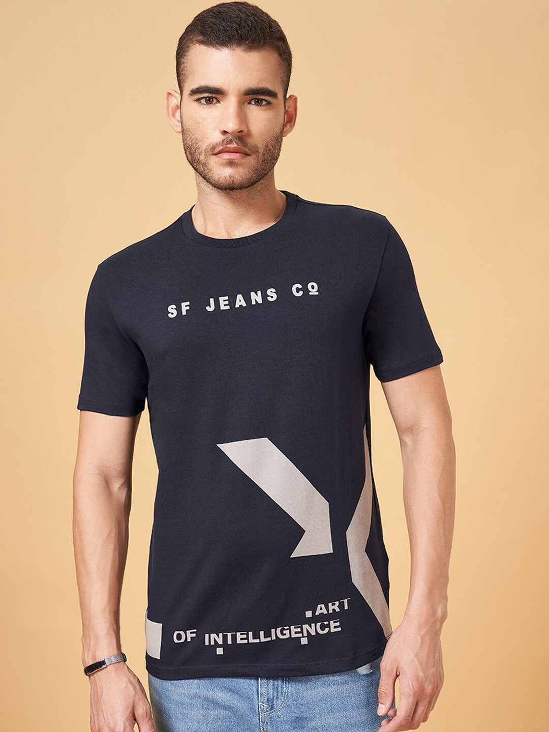 

SF JEANS by Pantaloons Typography Printed Round Neck T-shirt, Navy blue