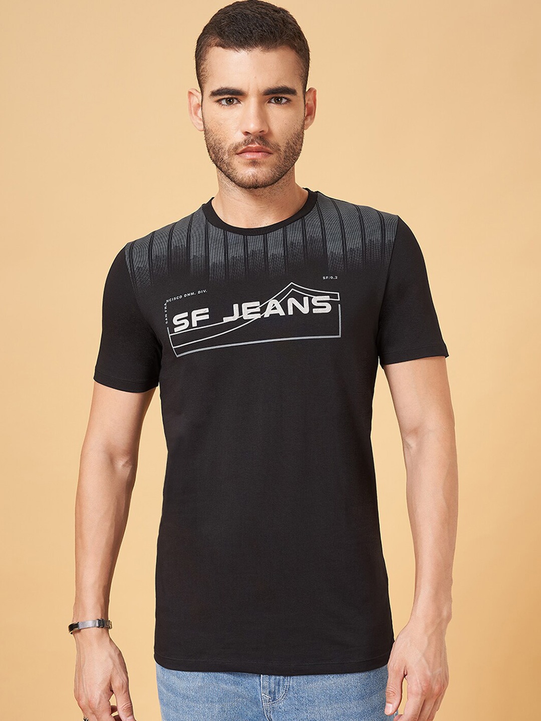SF JEANS by Pantaloons Typography Printed Round Neck T-shirt, Black