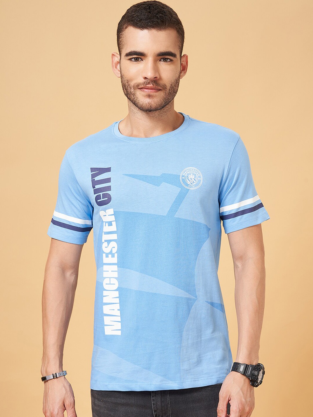 

SF JEANS by Pantaloons Typography Printed Slim Fit Cotton T-shirt, Blue