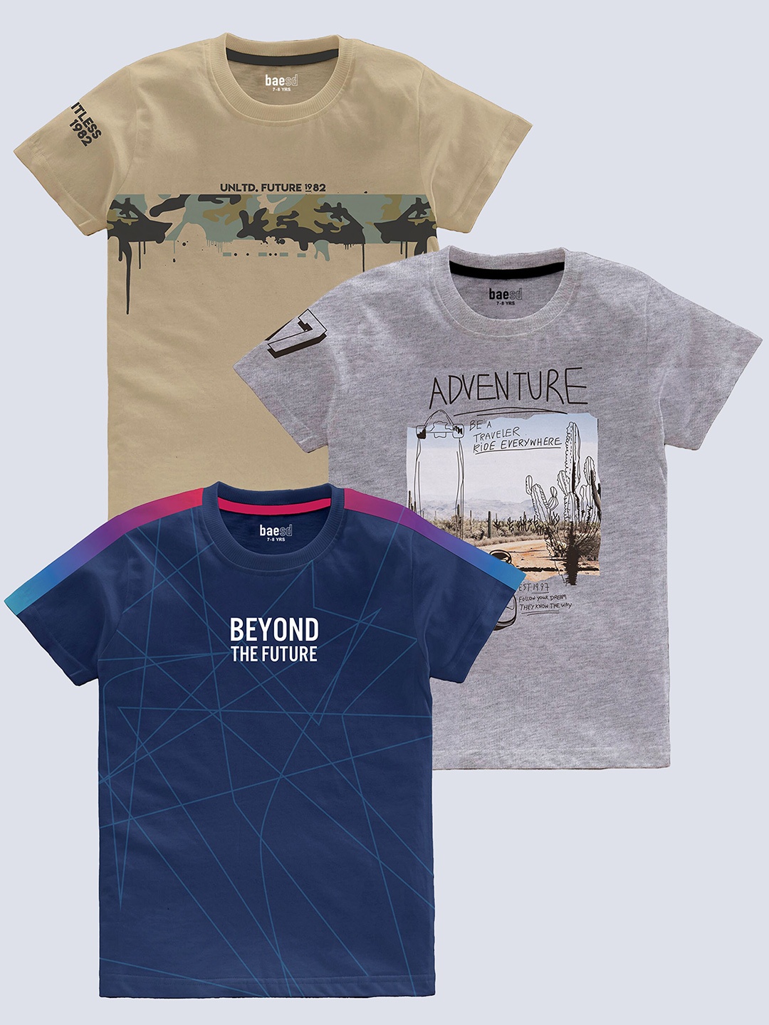 

BAESD Boys Pack Of 3 Printed Round Neck Short Sleeves Pure Cotton T-shirt, Khaki