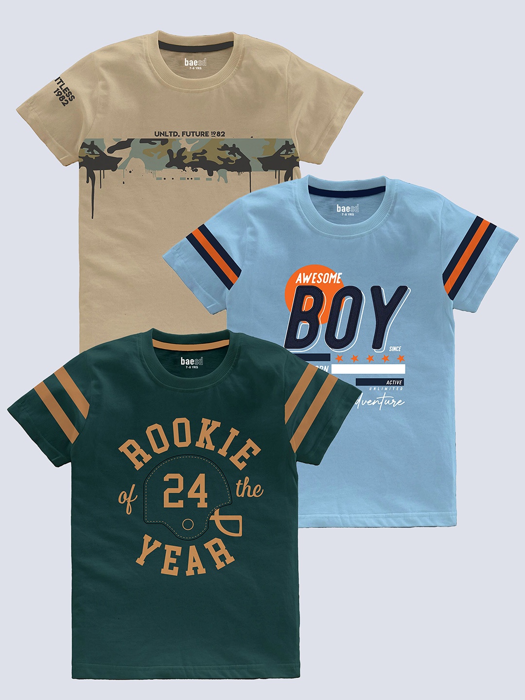 

BAESD Boys Pack Of 3 Typography Printed Round Neck Short Sleeves Pure Cotton T-shirt, Khaki