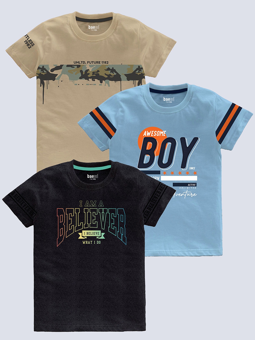 

BAESD Boys Pack Of 3 Typography Printed Round Neck Short Sleeves Pure Cotton T-shirt, Khaki