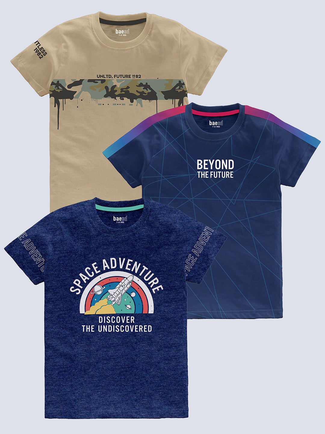 

BAESD Boys Pack Of 3 Typography Printed Round Neck Short Sleeves Pure Cotton T-shirt, Khaki
