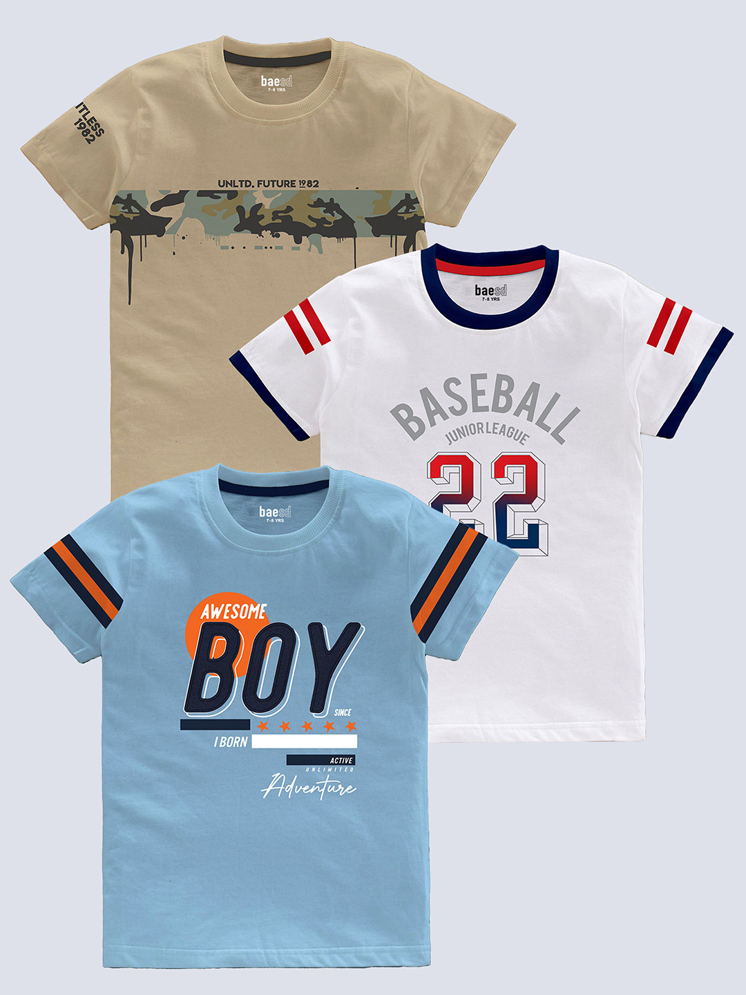 

BAESD Boys Pack Of 3 Typography Printed Round Neck Short Sleeves Pure Cotton T-shirt, Khaki