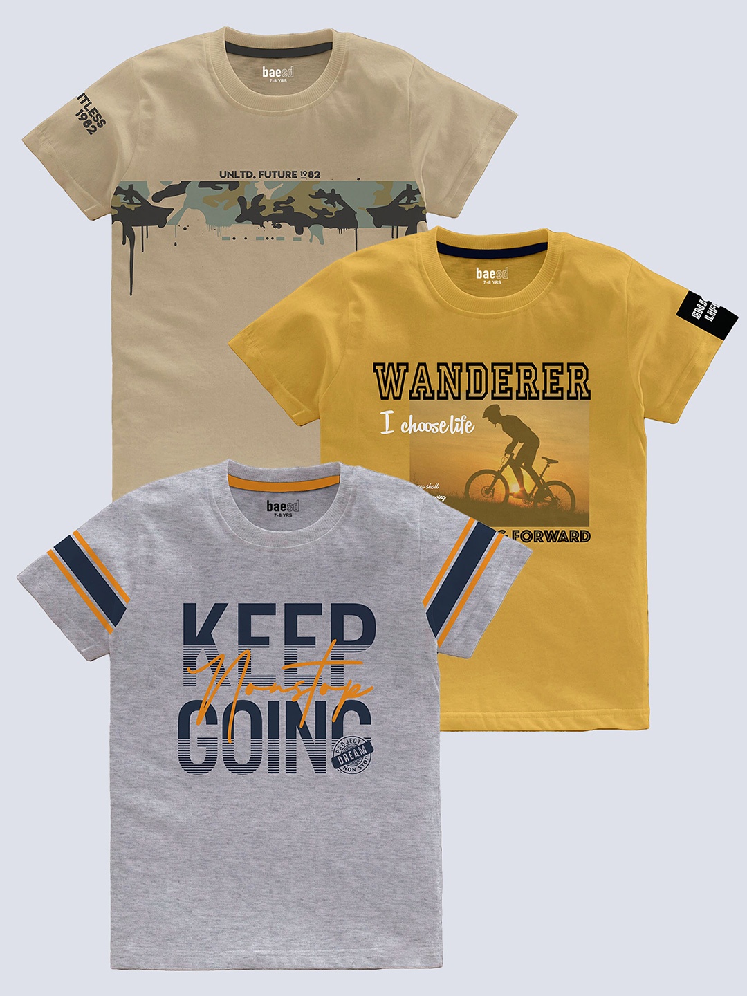 

BAESD Boys Pack Of 3 Typography Printed Pure Cotton T-shirt, Beige